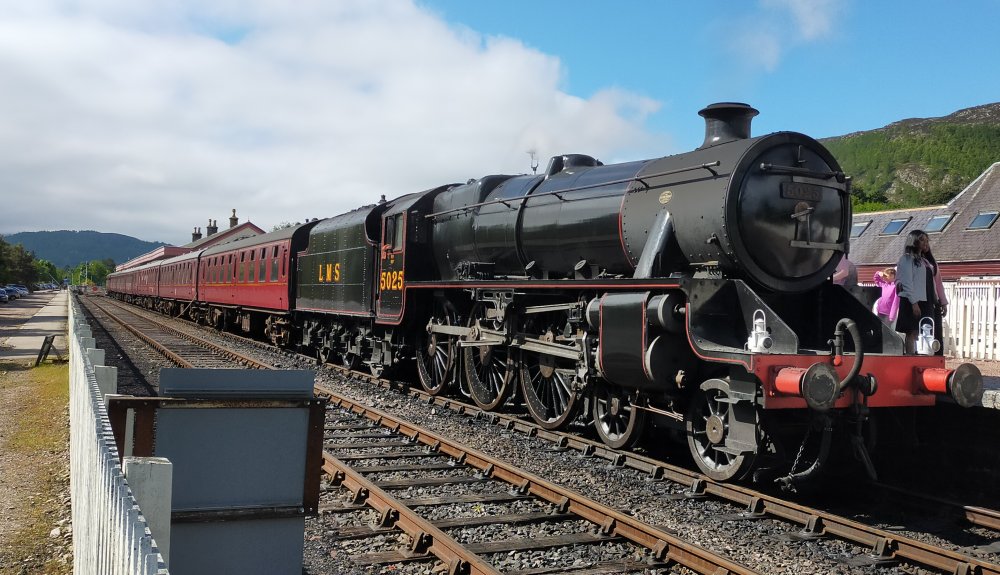Steam locomotive BR 45025, running as LMS 5025 on the Strathspey Railway in June 2022 (photo courtesy of Kentish Bob YouTube https://www.youtube.com/@kentishbob6423 )