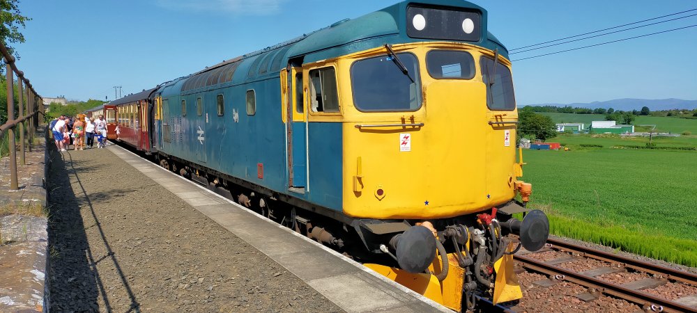 Built in 1961, Class 27 diesel locomotive 27001 (BR number D5347) on the Bo'ness and Kinneil Railway (June 2023, photo courtesy of Kentish Bob YouTube https://www.youtube.com/@kentishbob6423 )