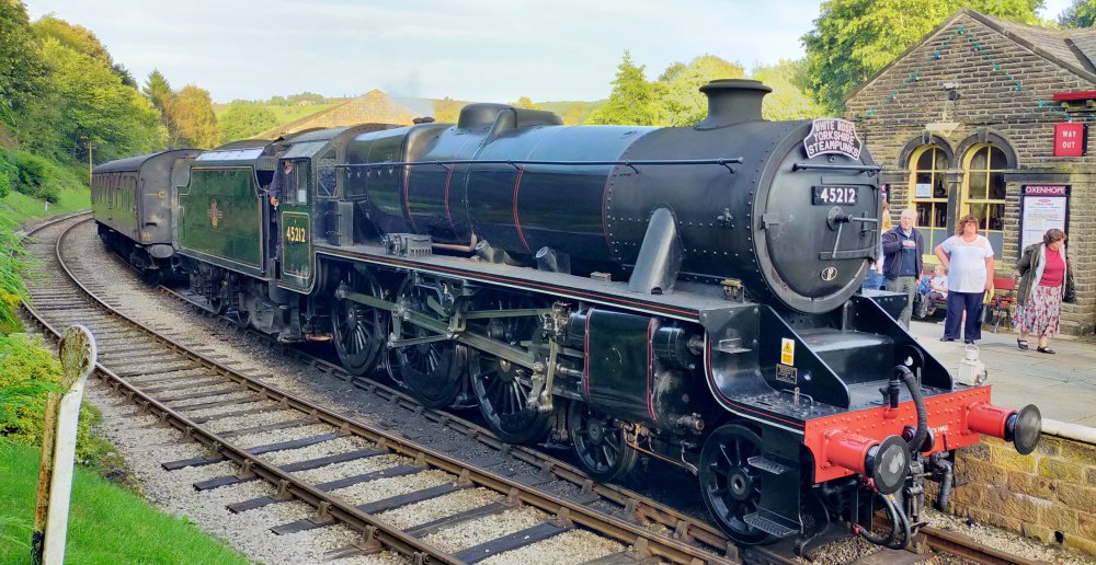 Stanier Black Five 5MT 4-6-0 steam locomotive 45212 at Oxenhope station on the Keighley and Worth Valley Railway (KWVR) in October 2023