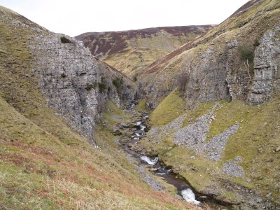 Swinner Gill, some tricky walking on the very narrow path North Yorkshire Dales National Park England