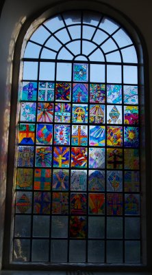 children's work on transparent plastic rectangles, beautifully 'knitted together' - Penrith Town, Cumbria, Northern England
