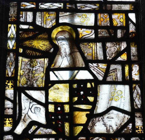 medieval stained glass window panels in St Andrew's Church, Grinton, Swaledale, North Yorkshire, England