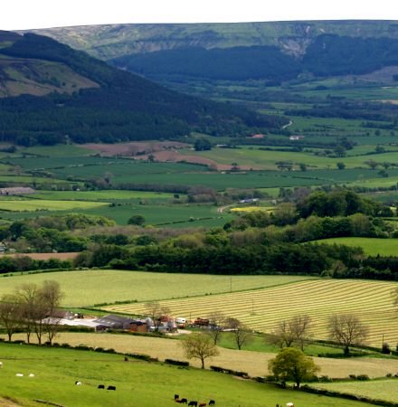and then heads for Battersby Junction beneath the Cleveland Hills (the three carriage diesel multiple unit train can just be seen, right of centre)