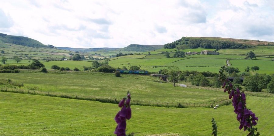 Location 10d: The train, yet again, crossing the lovely River Esk, the line passes, with good views, Little Fryup Dale on the left and Danby Castle on the right between Danby and Castleton stations.