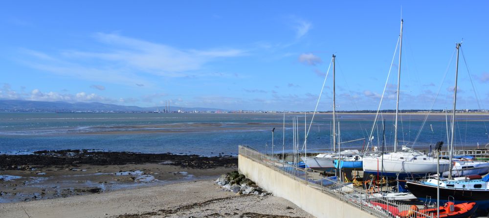 Looking across to Dublin Port from the Sutton Dinghy Club with its small sailing boats Howth to Sutton Cliff Walk, Co. Dublin, Ireland