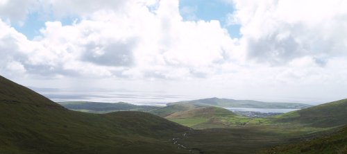 Looking south-west down to Dingle from near the top of the pass which is accessed via a minor road north out of Dingle Town - Dingle Peninsular, Co. Kerry, West of Ireland