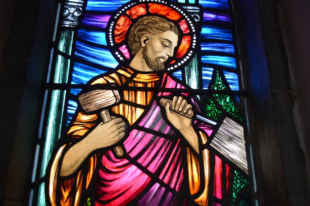 The carpenter detailed images stained glass window panels Mount Melleray Abbey, Co. Waterford, Ireland
