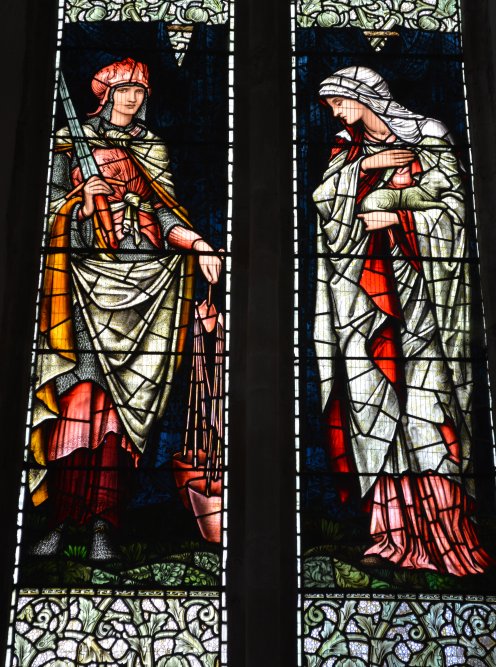 St Carthage Cathedral pre-Raphaelite stained glass window by Edward Burne-Jones depicting Justice & Humility compassionate work commemorating Francis Curry of Lismore, Co. Waterford, Republic of Ireland