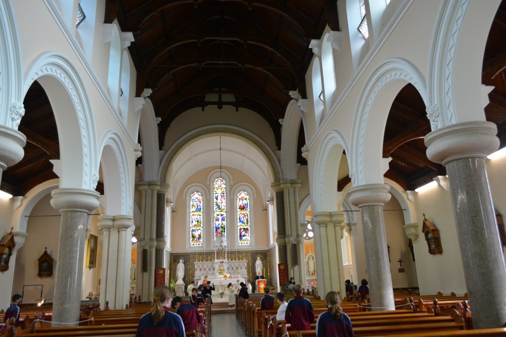 Looking down the nave to the altar of the Church of the Nativity of the Blessed Virgin Mary, Timoleague, Co. Cork, Ireland