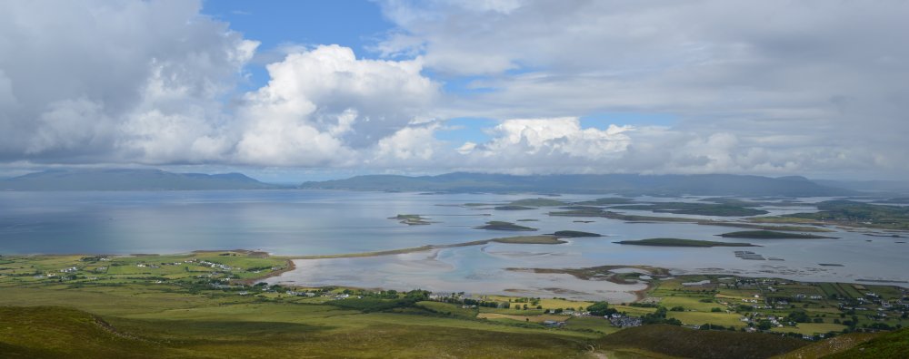 From half-way up Croagh Patrick, a view of the islands of Clew bay and the hills of Co. Mayo beyond.