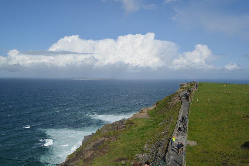 footpaths are paved or gravel tracked and a barrier wall on the seaward side, making them very safe to walk on the Cliffs of Moher, Co. Clare, Wild Atlantic Way, West of Ireland Coast