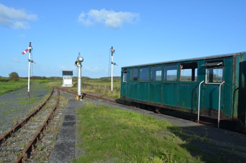 an old signal and passenger carriage from the West Clare Railway, Co. Clare, Ireland
