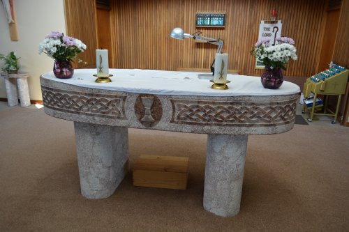 The beautiful stoned carved altar table in St Bennett's Church, bennettsbridge River Nore walk from Bennettsbridge to Killkenny, Co. Kilkenny, Ireland