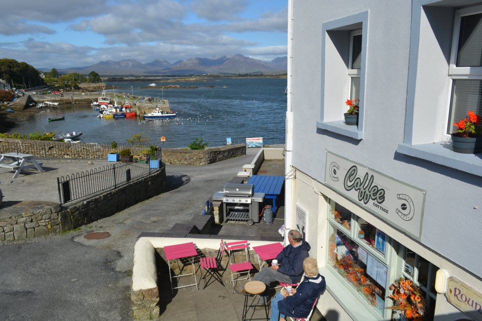 A great view from the Cottage Cafe, Roundstone village, at the bottom end of Main Street by the harbour Roundstone, Connemara, Co. Galway, Ireland