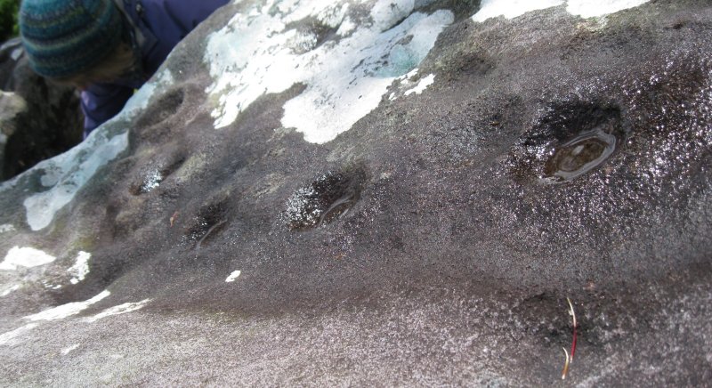 The cup and ring carvings on one of the stones of the Giant's Grave Neolitic wedge tomb Cavan Burren Park walks and prehistoric sites, Co. Cavan, Ireland