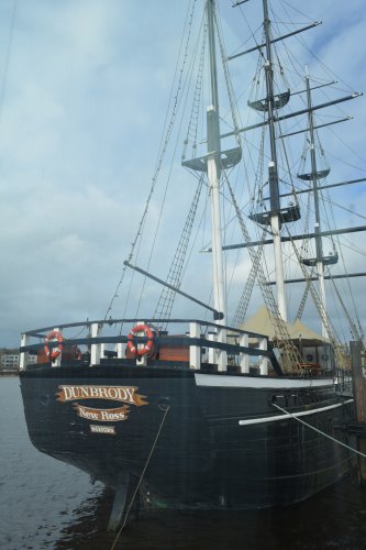 The stern of the Dunbrody, the ship was registered at New Ross, Dunbrody replica famine ship museum experience, New Ross, Co. Wexford, Ireland