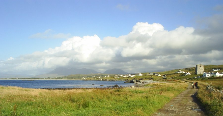 7. The Mountains of Connemara (Mweel Rea and the Maumturk) viewed from The Renvyle Peninsular, County Galway, ruins of Renvyle Castle on the right Selected Scenic Views of Holidays in the West of Ireland