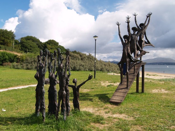 131. The sculpture of the 'Flight of the Earls' by John Behan, above the beach at Rathmullan, Fanad Peninsula, Co. Donegal, Ireland.