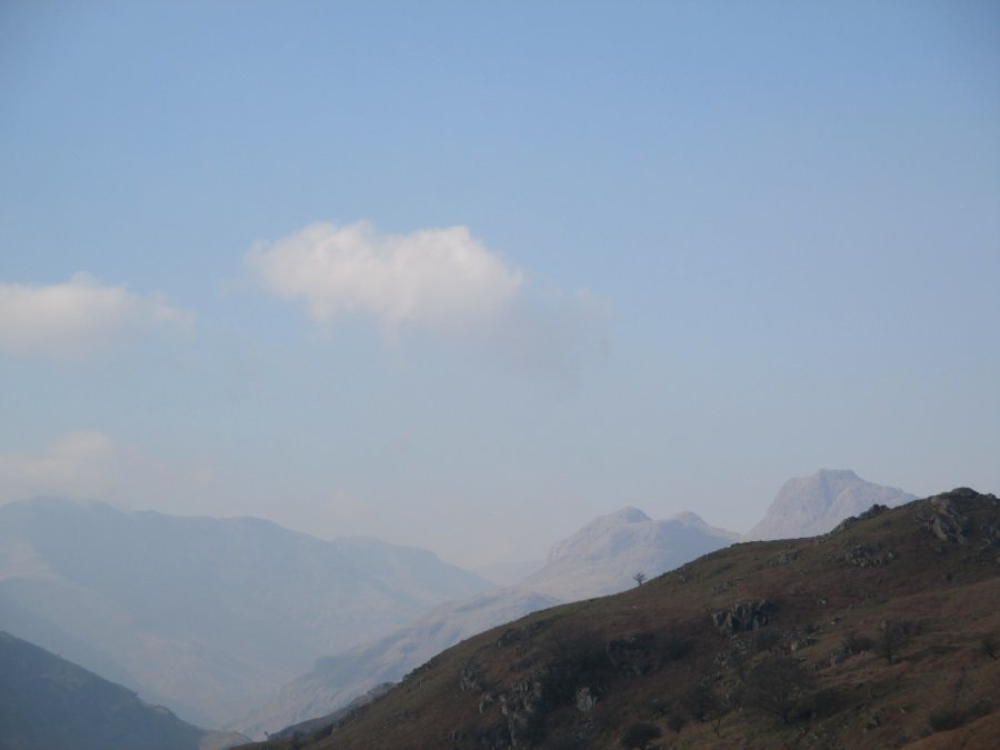 View of Langdale Pikes from high above Elterwater