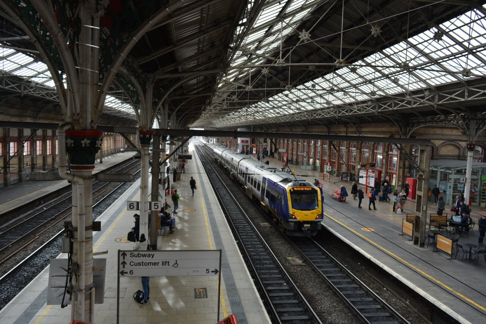 Class 195 DMU Preston station Northern Rail service from Windermere to Manchester Airport (March 2020).