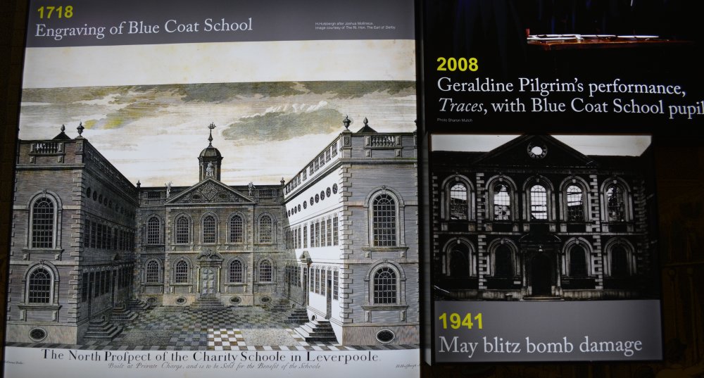 An old 1718 engraving of the Bluecoat Chambers and photograph of it bombed out in the 1941 WWII Blitz Liverpool