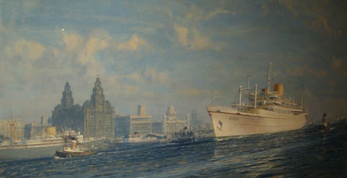 Liverpool Maritime Museum painting The fine ocean going ship AUREOL off Liverpool Pierhead in 1966, artist John Stobart (born 1929).