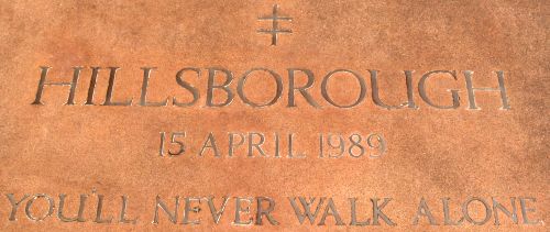 Anglican Cathedral Liverpool The memorial stone to the victims of the football crowd tragedy at Hillsborough Sheffield on the 15th April 1989 'YOU'LL NEVER WALK ALONE' the slogan of Liverpool Football Club.