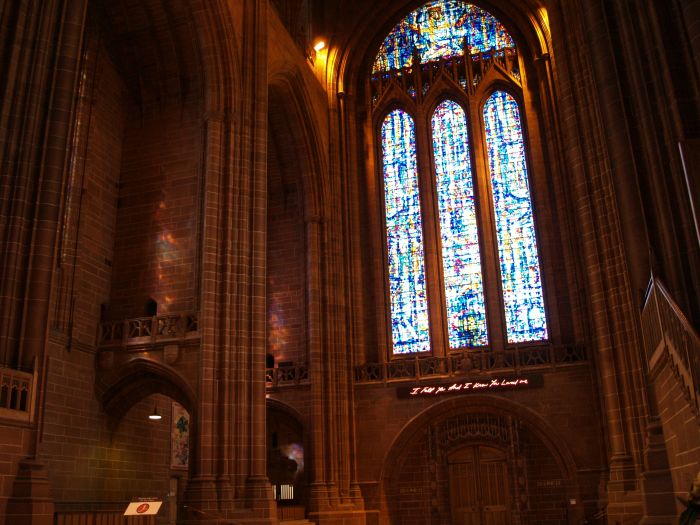 The north stained glass window above the entrance to the Anglican Cathedral Liverpool
