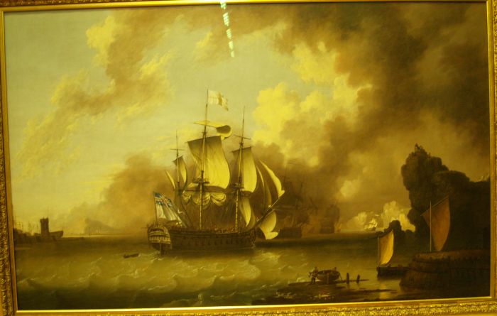 'Man of War in a Harbour' painting by the artist Richard Wright (active around 1723 to 1775) Walker Art Gallery Liverpool