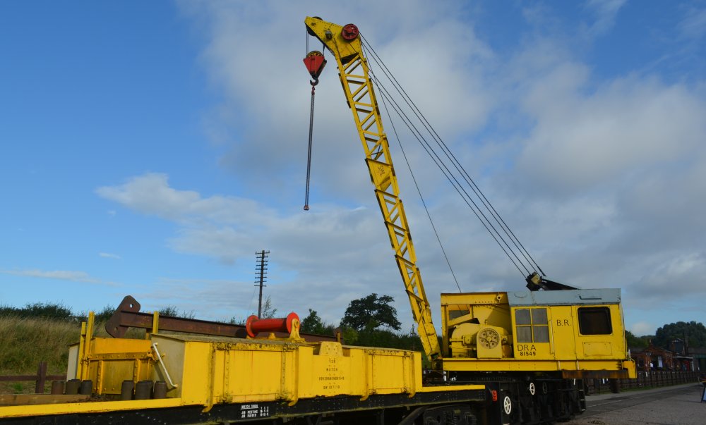 Breakdown or construction lifting crane at Quorn and Woodhouse station station yard with a demonstration of lifting the jib, Great Central Railway heritage weekend Gala 'Railways at Work' (GCR August 2023)