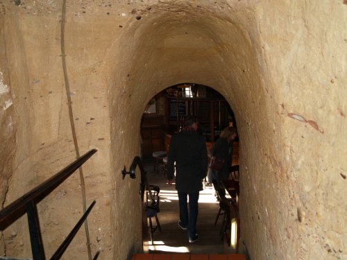 Ye Olde Trip to Jerusalem 1189 AD is a pub built into the sandstone of the hill the Norman castle was originally built on and claims to be the oldest tavern/inn in England, dating from before AD 1189. Some of the bars and linking passages are hewn out of the sandstone rock - City of Nottingham, England, English Midlands