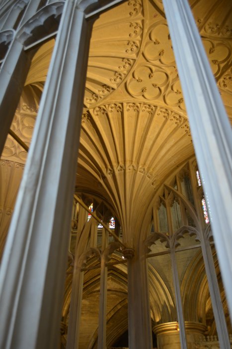 fan tracery of the ceiling of the Founders Chantry Tewkesbury Abbey Gloucestershire England