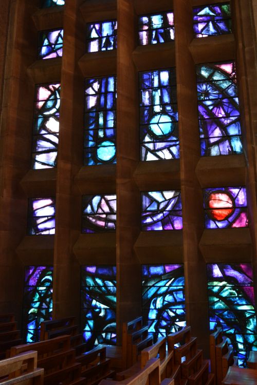stained glass window panels in the nave modern Coventry Cathedral new