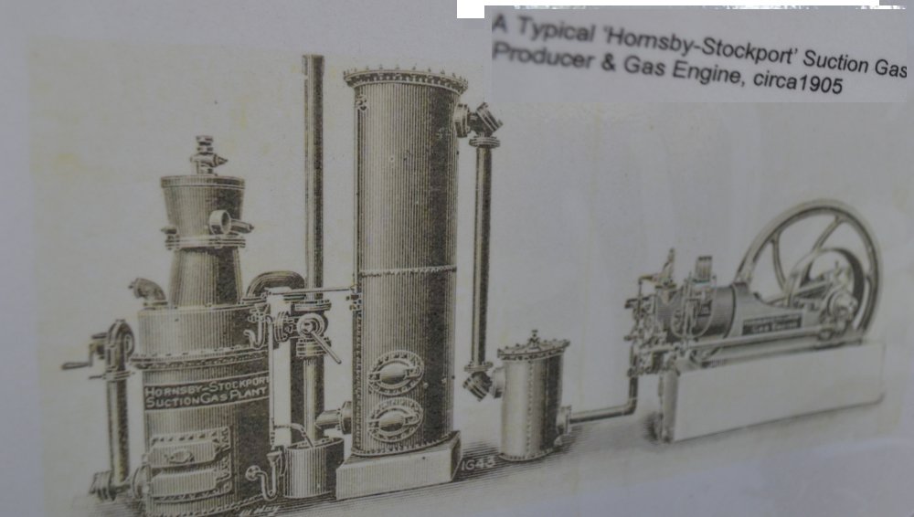 Catalogue picture of a typical Hornsby-Stockport suction gas producer and gas engine Tees Cottgae Pumping Station