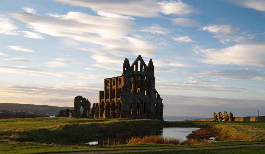 65. The 'classic' view of Whitby Abbey (2) in the evening sunlight, Whitby on the North Sea Coast of North Yorkshire.