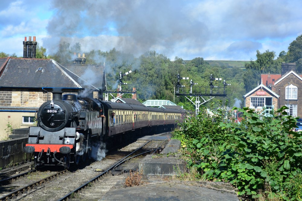 Leaving Grosmont with a train for Pickering, BR standard 4MT 2-6-4T tank engine 80136, NYMR Steam Gala September 2021