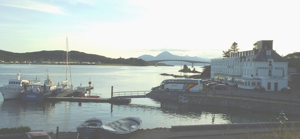 Lochalsh Hotel, Kyle of Lochalsh in the evening, with the road bridge to the Isle of Skye and the Cuillin Mountains in the back ground. 