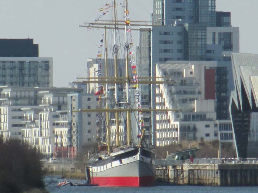 Tall ship Glenlee, three masted barque, moored on banks of River Clyde, Glasgow, Scotland