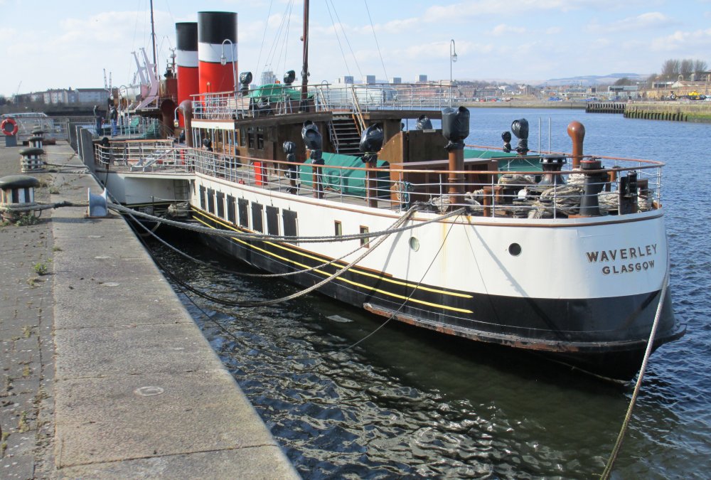 The paddle steamer WAVERLEY moored on the banks of the River Clyde, Glasgow, Scotland