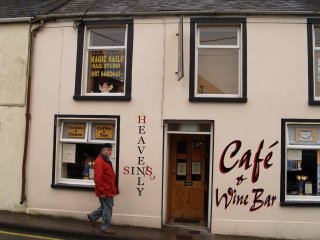 The 'naughty but nice' Heavenly Sins Cafe and Wine Bar, 'appropriately' opposite St Mary's Catholic Church, Dingle, Dingle Peninsular, County Kerry, Ireland provides good snacks before or after 'touring' the town or taking a boat trip to see 'Fungi' the dolphin or 'its' successor?