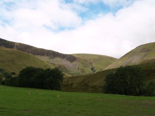The Howgill Fells, looking up to Cautley Spout and Yarlside (right) from the back of The Cross Keys, Yorkshire Dales National Park, East Cumbria, Northern England