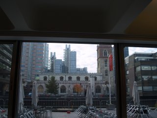 St Giles Cripplegate Church viewed from cafe - Barbican Centre-Complex, London Town-City, England