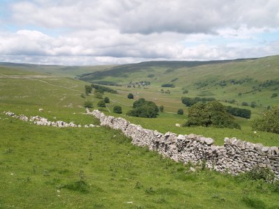 Limestone drystone wall and scenery, Littondale, Yorkshire Dales, North Yorkshire, Northern England