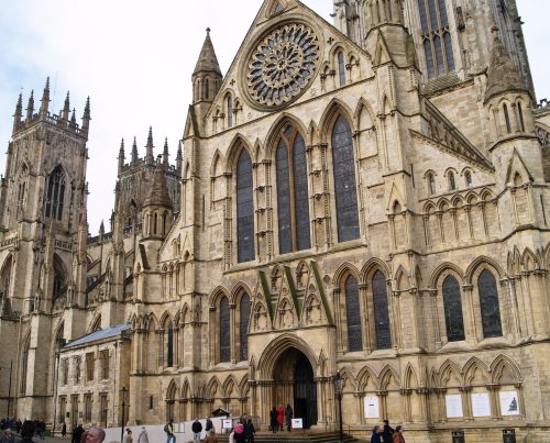 Detail of the south side of York Minster including the famous circular Rose Window.
