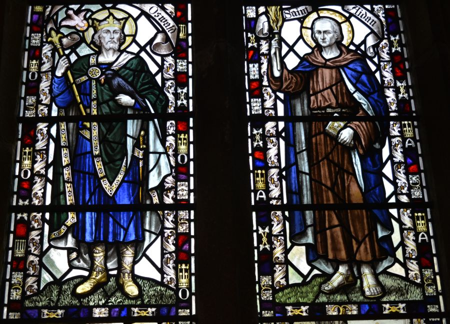 Stained glass window panels dedicated to St Oswald and St Aidan St Michael's Church, Kirkby Malham, North Yorkshire