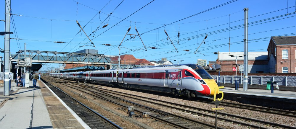 Class 800 bi-mode unit 800108 at Doncaster AZUMA LNER service to KX