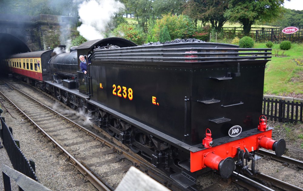 entering Grosmont station with train from Pickering NER 2238 LNER 3395 Class Q6 BR 63395 steam locomotive