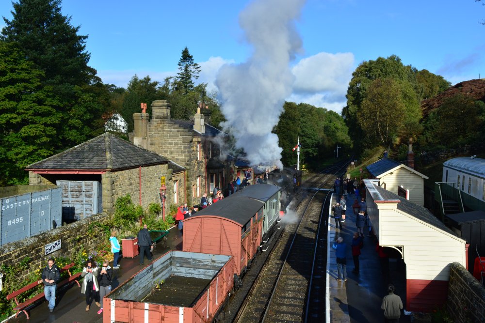 Leaving Goathland - Pickering mixed freight train NYMR Lambton Tank engine No 29