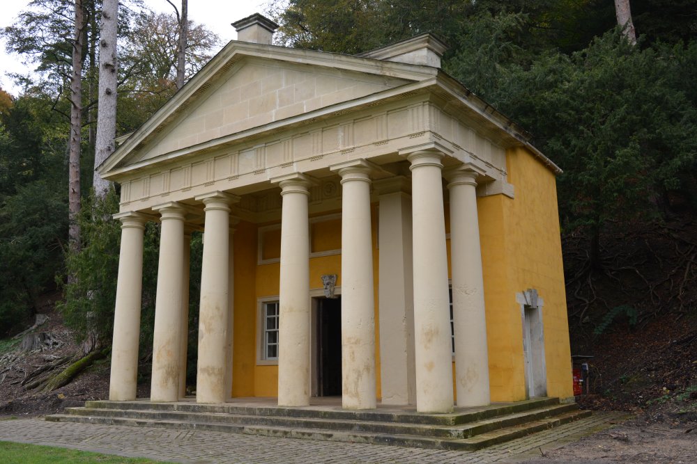 facade and entrance to the Temple of Piety Studley Royal walks park gardens in Autumn