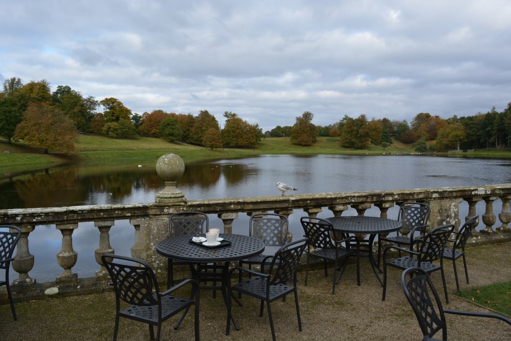 balcony overlooking the Lake by the tea-room cafe Studley Royal walks park gardens in Autumn
